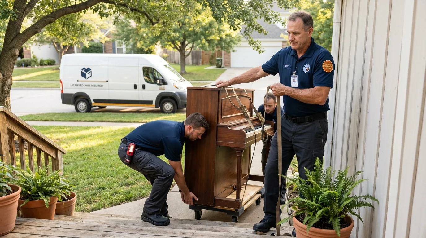 Licensed piano movers securing grand piano in Moscow, PA