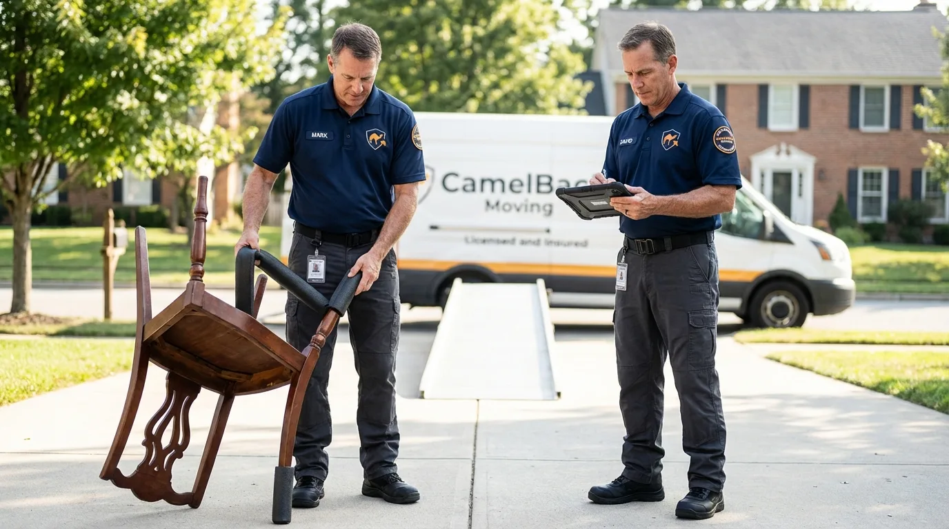 Movers inspecting furniture for damage prevention before loading in Moscow, PA