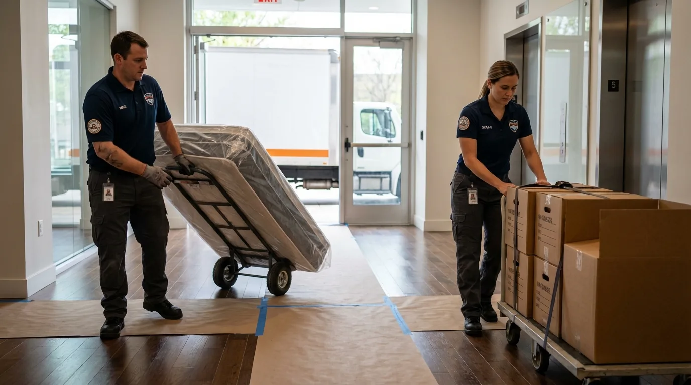 Professional apartment movers loading elevator in Moscow, PA